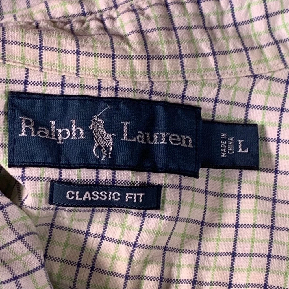 Ralph Lauren Classic Fit Mens Large Green Blue Check‎ Cotton Button Down Shirt